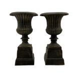 Pair of bronze finish small cast iron classical garden urns