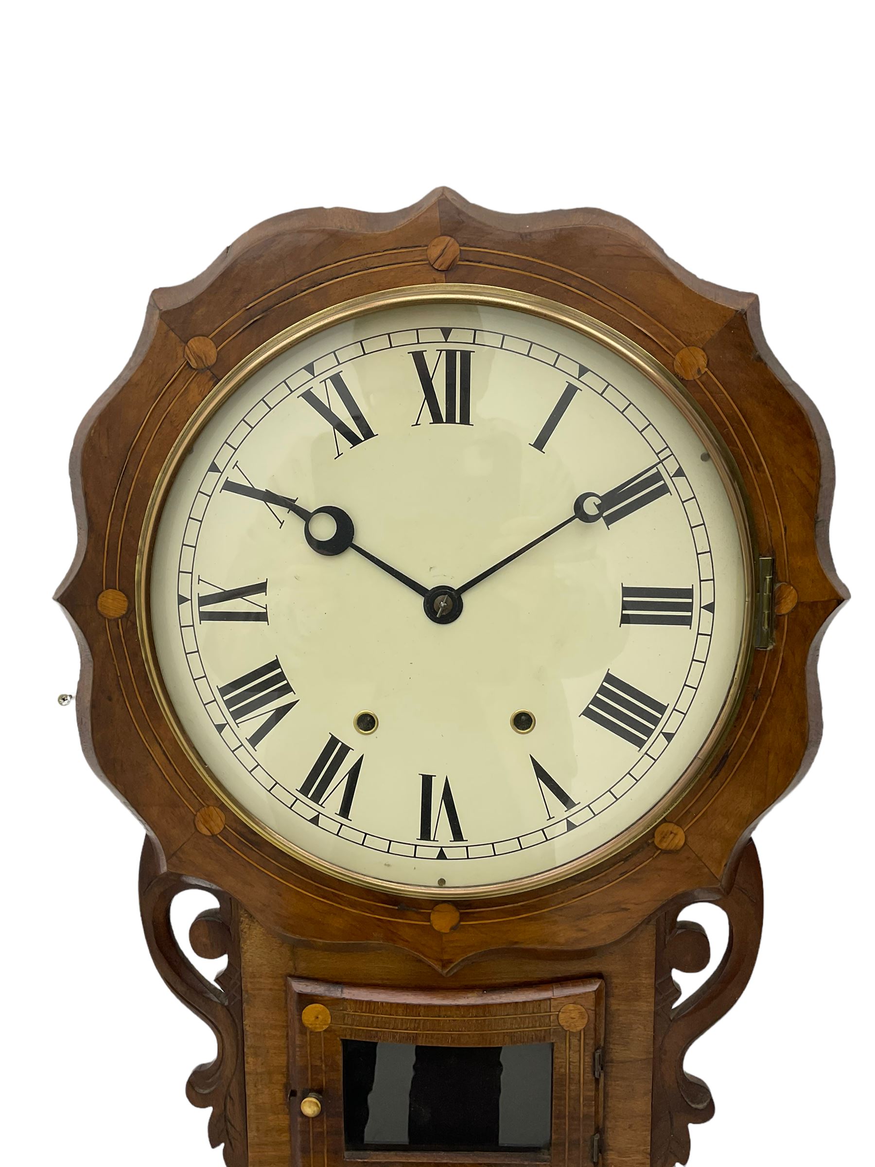 An American drop dial wall clock in a light mahogany case with inlay - Image 2 of 4