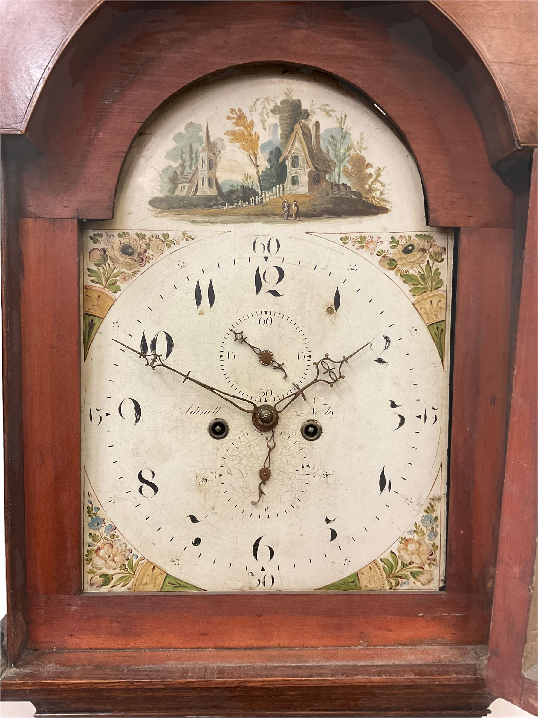 An Oak and Mahogany longcase clock with a Swans neck pediment and break arch hood door flanked by tw - Image 2 of 5