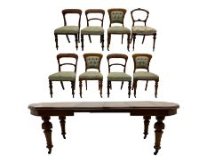 19th century mahogany extending dining table with two leaves and ten mixed spoon back chairs