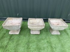 Three square composite stone garden urns - THIS LOT IS TO BE COLLECTED BY APPOINTMENT FROM DUGGLEBY