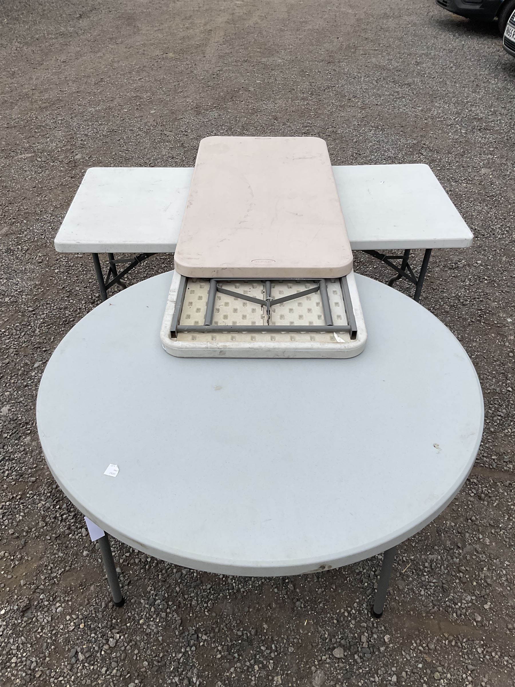 Set of three and round trestle tables. - THIS LOT IS TO BE COLLECTED BY APPOINTMENT FROM DUGGLEBY ST