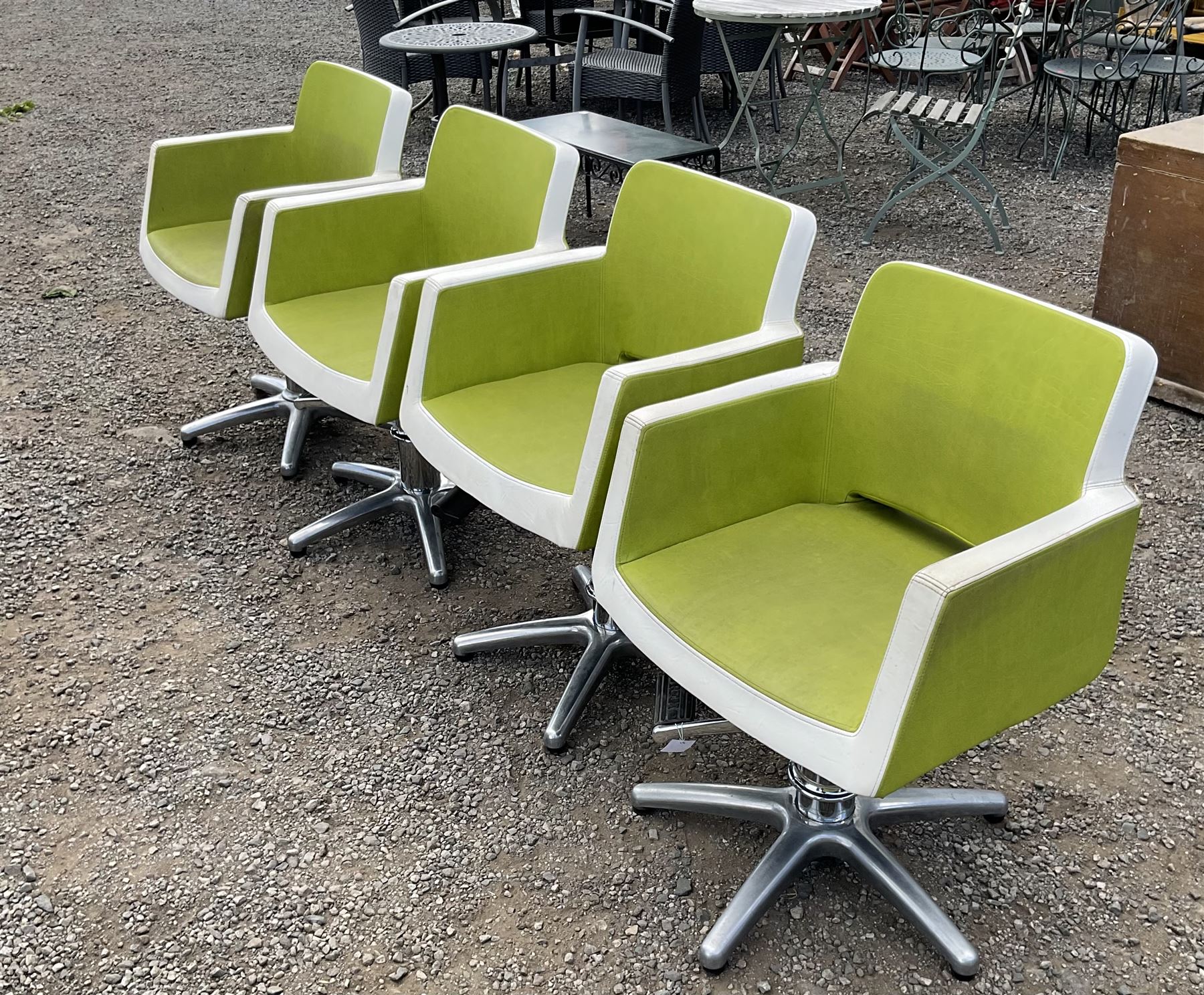 Salon Equipment - Set of four green and white faux leather hydraulic styling salon chairs - THIS LOT