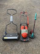 Mower with electric strimmer and macallister hand push cylinder lawnmower. - THIS LOT IS TO BE COLLE