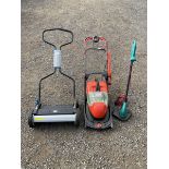 Mower with electric strimmer and macallister hand push cylinder lawnmower. - THIS LOT IS TO BE COLLE