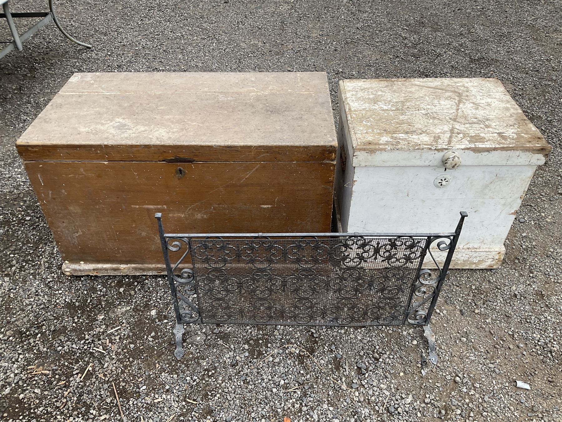 Pair of large wooden chests and painted metal fire screen - THIS LOT IS TO BE COLLECTED BY APPOINTM