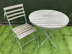 Metal and wood slatted circular garden table and chair - THIS LOT IS TO BE COLLECTED BY APPOINTMENT