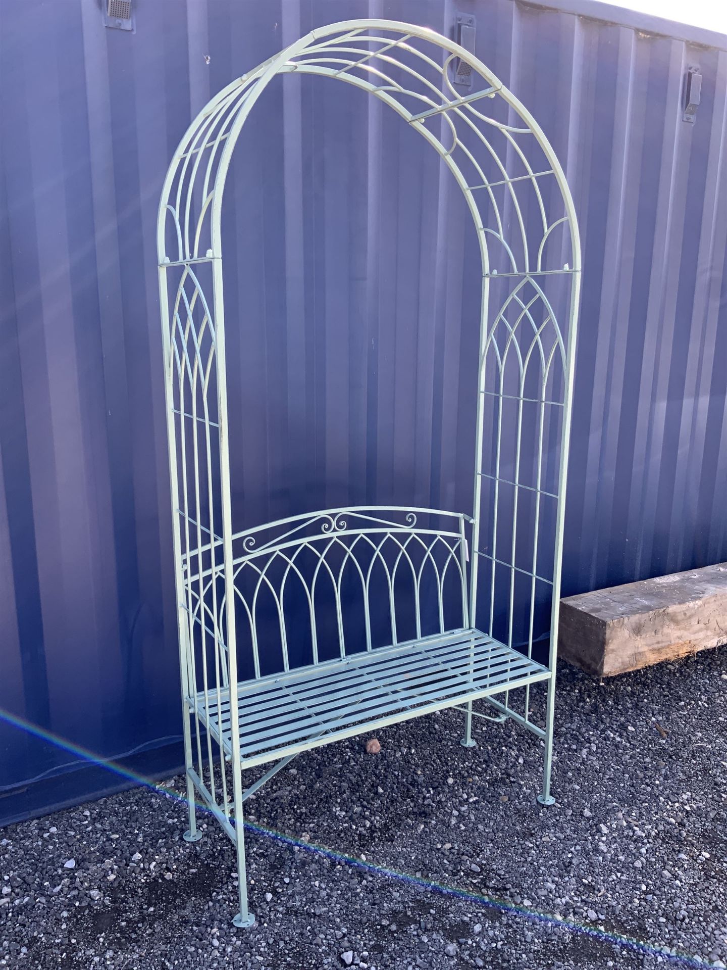 Green painted wrought metal two seat garden arbour bench - THIS LOT IS TO BE COLLECTED BY APPOINTMEN