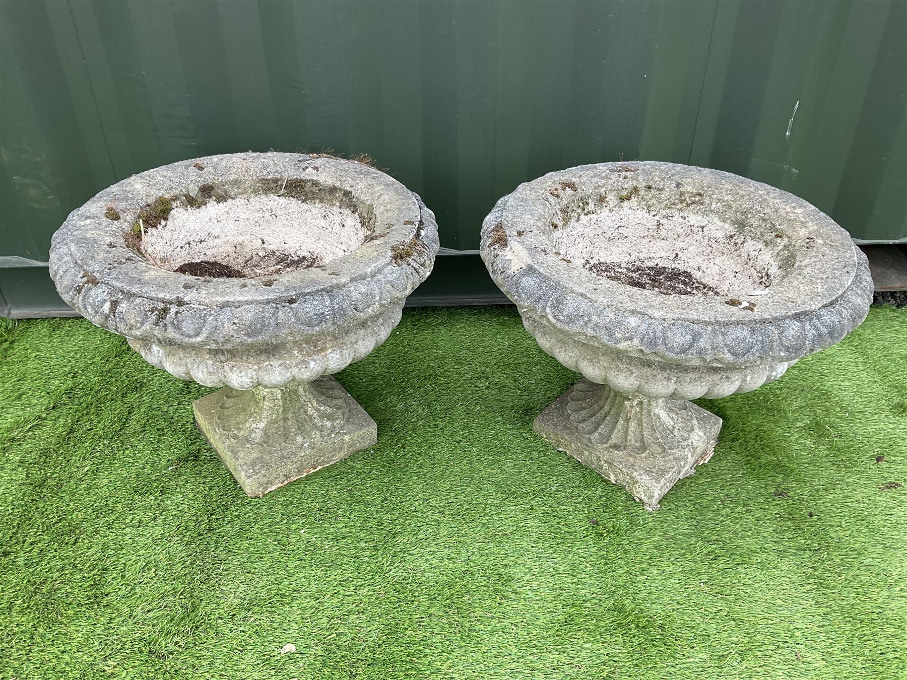 Pair of composite stone garden urns - THIS LOT IS TO BE COLLECTED BY APPOINTMENT FROM DUGGLEBY STORA