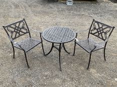 Painted metal circular garden table and two chairs - THIS LOT IS TO BE COLLECTED BY APPOINTMENT FROM