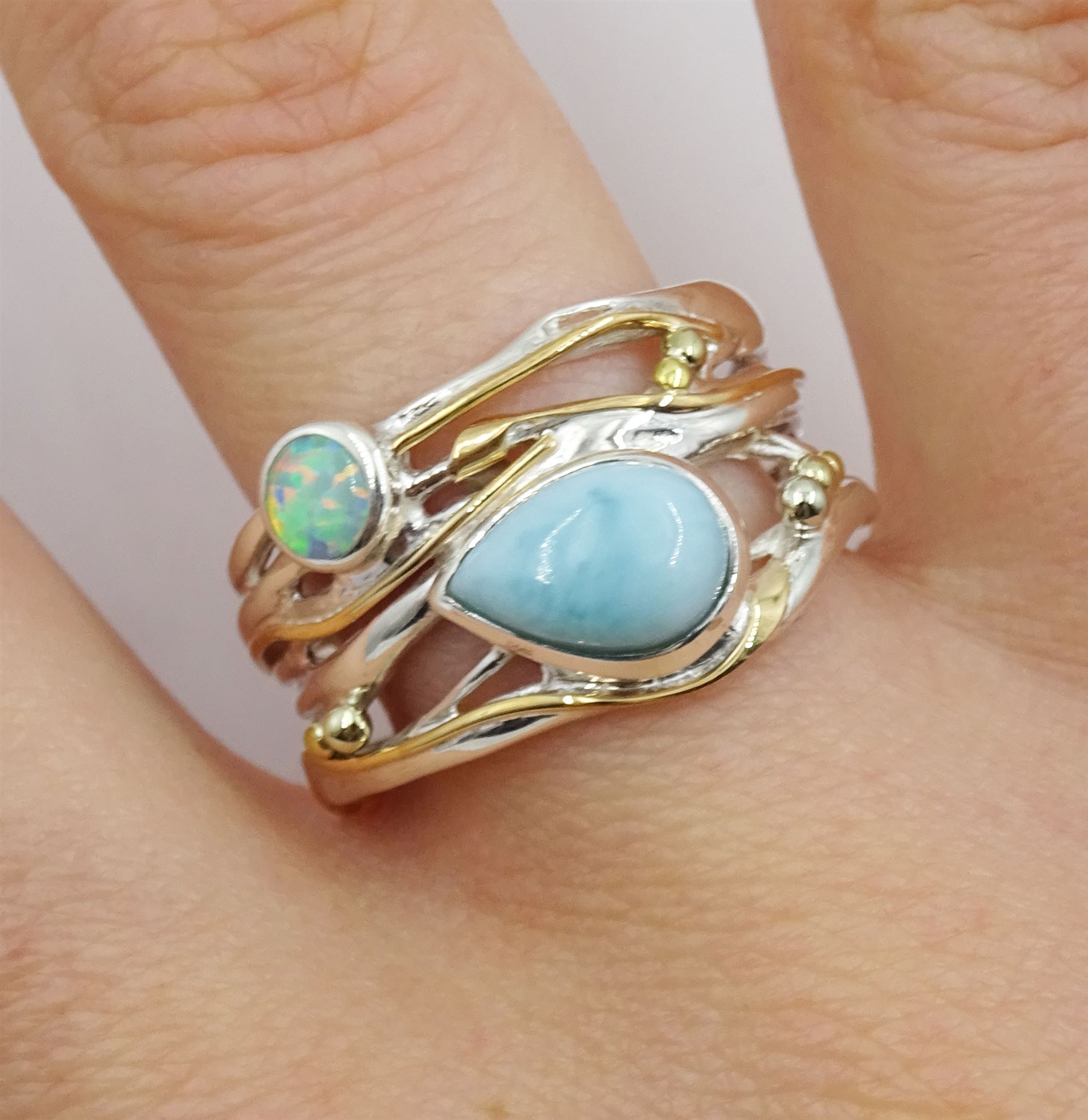 Silver and 14ct gold wire opal and larimar ring - Image 2 of 4