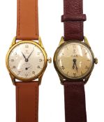 Two metal plated and stainless steel manual wind wristwatches with Tudor dials one with subsidiary s
