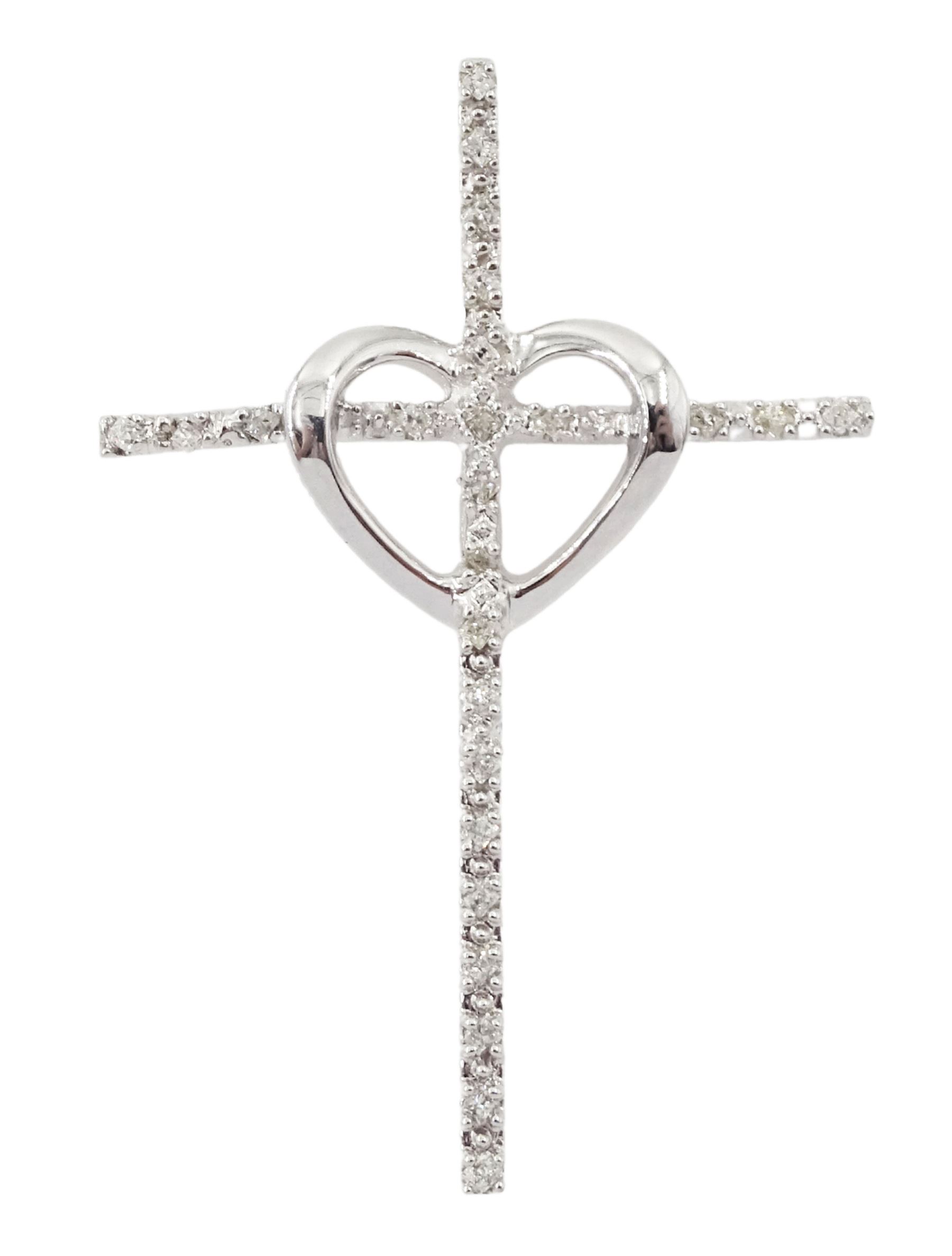 9ct white gold diamond heart and cross pendant