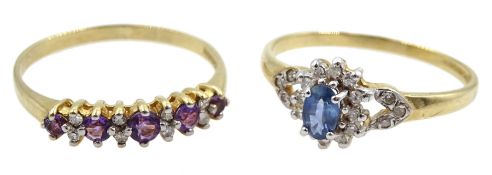 Gold oval sapphire and diamond cluster ring and a gold five stone amethyst and diamond ring