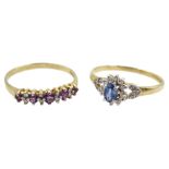 Gold oval sapphire and diamond cluster ring and a gold five stone amethyst and diamond ring