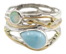 Silver and 14ct gold wire opal and larimar ring