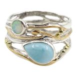 Silver and 14ct gold wire opal and larimar ring