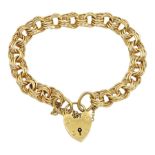 9ct gold fancy curb link bracelet with heart locket clasp