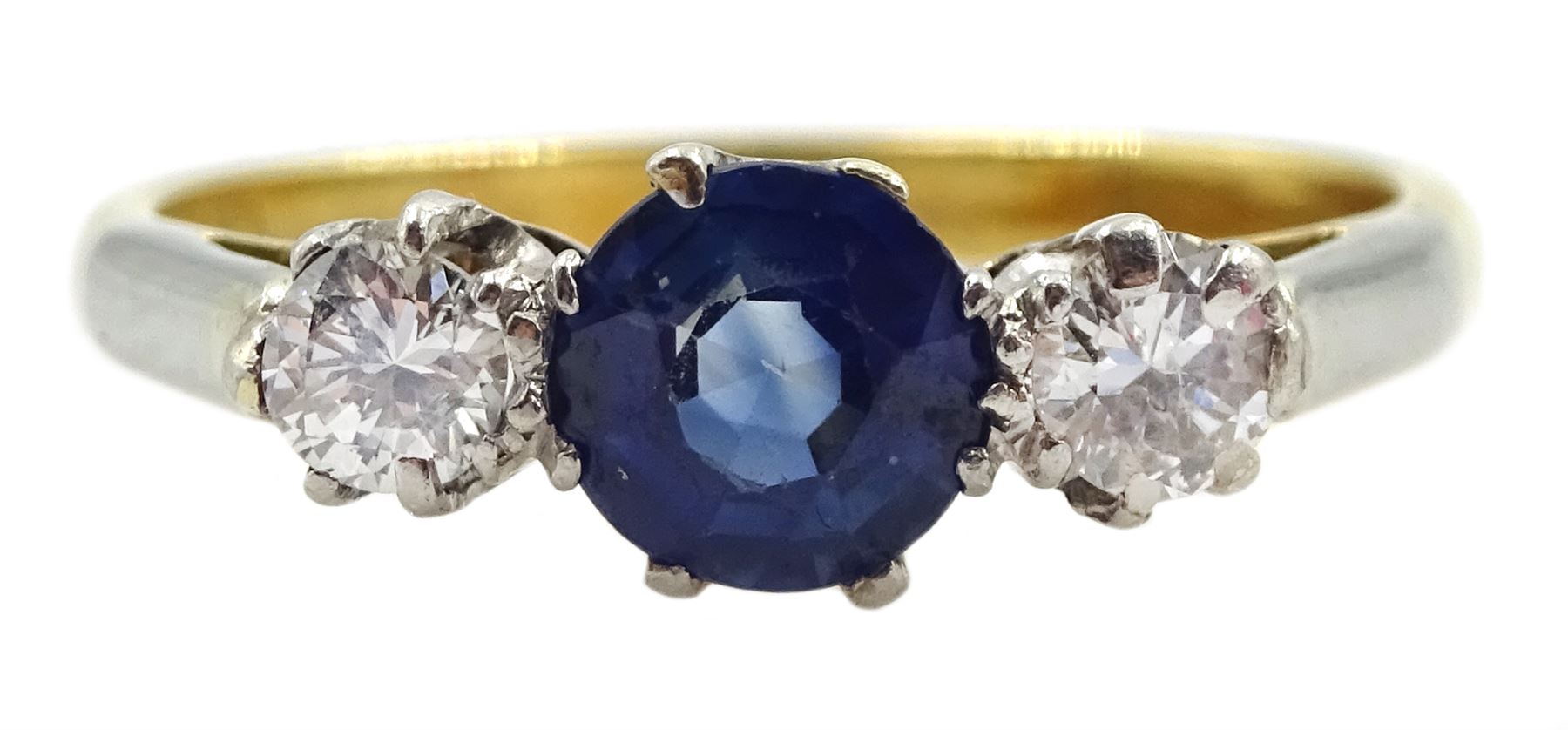 Gold three stone round sapphire and round brilliant cut diamond ring