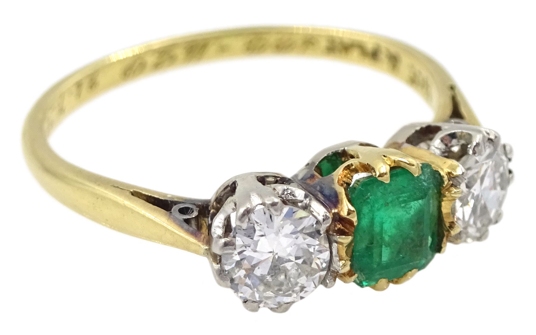 Early 20th century gold three stone old cut diamond and emerald ring - Image 7 of 7