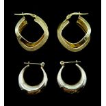 Pair of gold textured and polished hoop earrings and one other pair