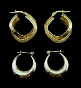 Pair of gold textured and polished hoop earrings and one other pair