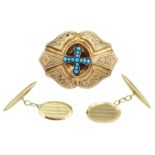 Victorian 9ct gold turquoise cross mourning brooch and a pair of 9ct gold oval cufflinks