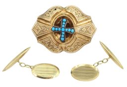 Victorian 9ct gold turquoise cross mourning brooch and a pair of 9ct gold oval cufflinks