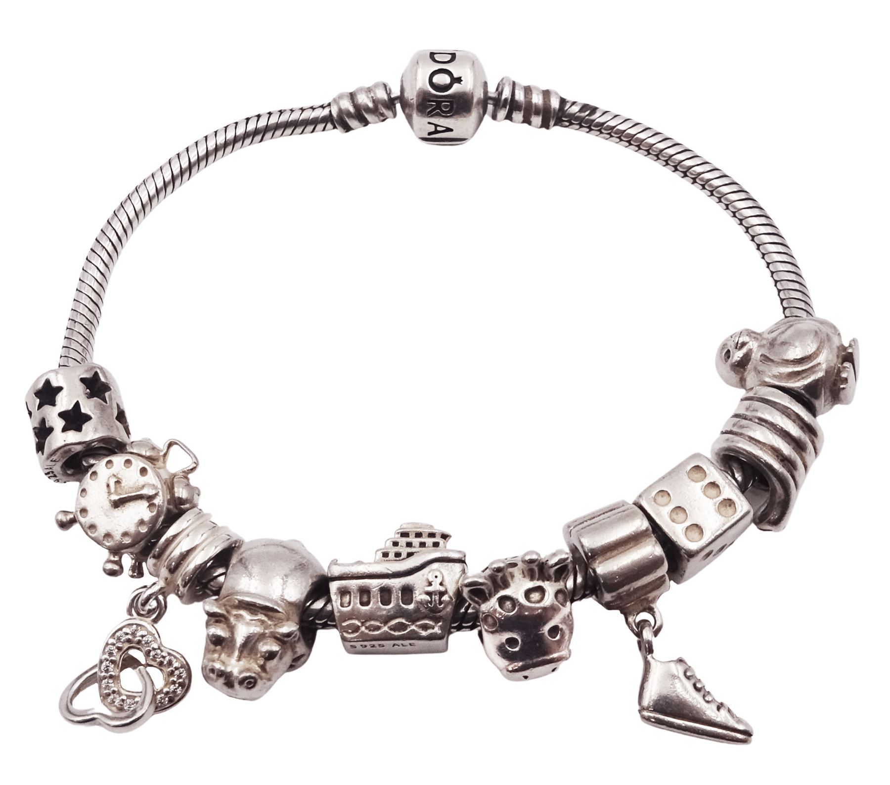 Pandora silver charm bracelet with ten Pandora silver charms