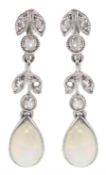 Pair of 9ct white gold opal and diamond pendant screw back earrings