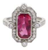 18ct white gold vari-cut rectangular ruby and round brilliant cut diamond cluster ring