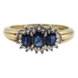 9ct gold three stone oval sapphire and round brilliant cut diamond cluster ring