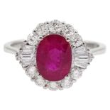 18ct white gold oval ruby and diamond cluster ring