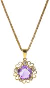 Gold round amethyst and old cut diamond openwork pendant