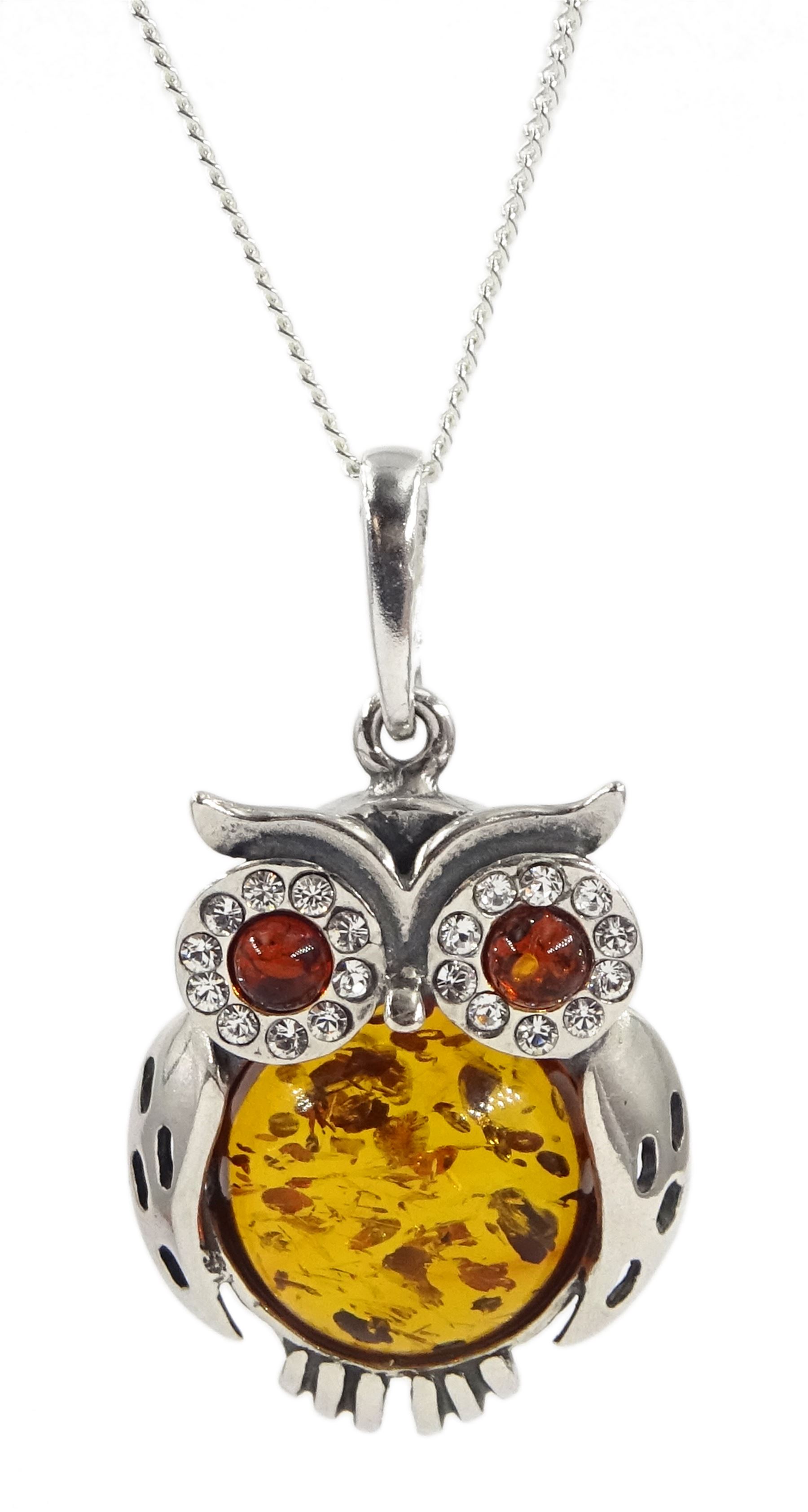 Silver amber owl pendant necklace