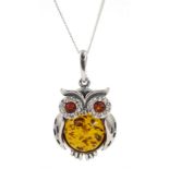 Silver amber owl pendant necklace