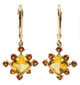 Pair of gold orange and yellow citrine cluster pendant earrings