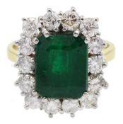 18ct gold emerald and round brilliant cut diamond cluster ring