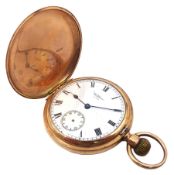 9ct gold full hunter 7 jewels keyless Traveller pocket watch by Waltham U.S.A