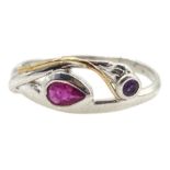 Silver and 14ct gold wire ruby and amethyst ring