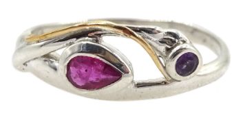 Silver and 14ct gold wire ruby and amethyst ring