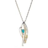 Silver and 14ct gold wire pearl and turquoise pendant necklace