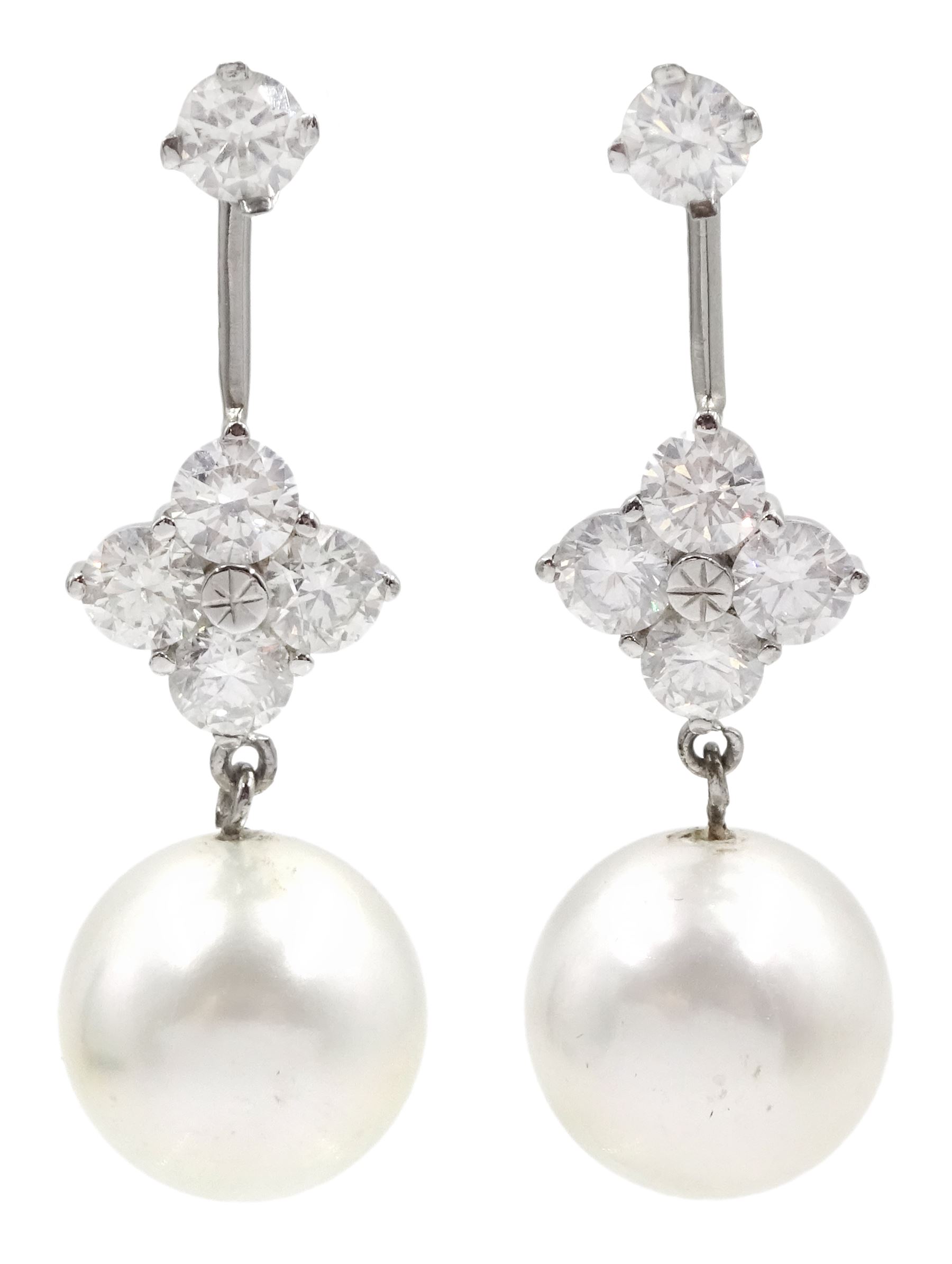 Pair of platinum south sea pearl and diamond pendant stud earrings