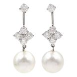Pair of platinum south sea pearl and diamond pendant stud earrings