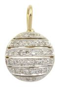 18ct gold circular pendant set with six rows of pave set round brilliant cut diamonds