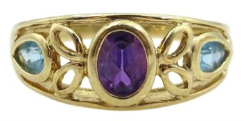 9ct gold oval amethyst and pear shaped blue topaz openwork design ring