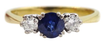 18ct gold three stone round sapphire and diamond ring