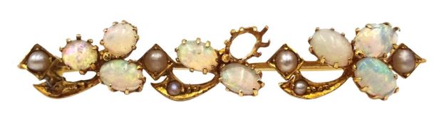 18ct gold opal and seed pearl bar brooch