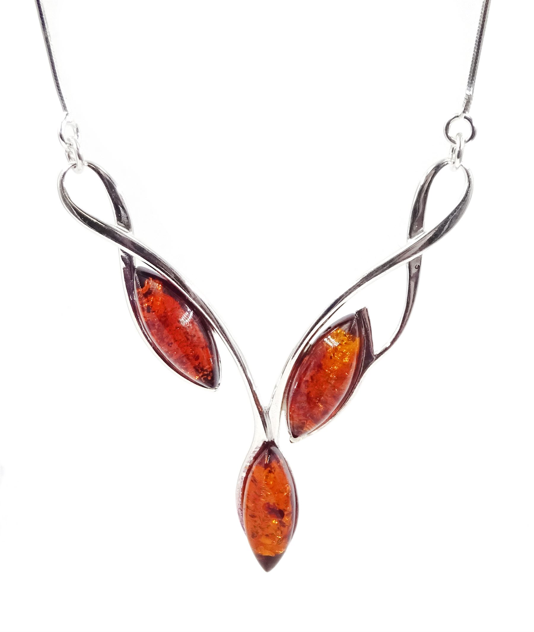 Silver three stone marquise amber necklace