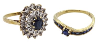 Gold oval sapphire and diamond chip cluster ring and a gold sapphire ring